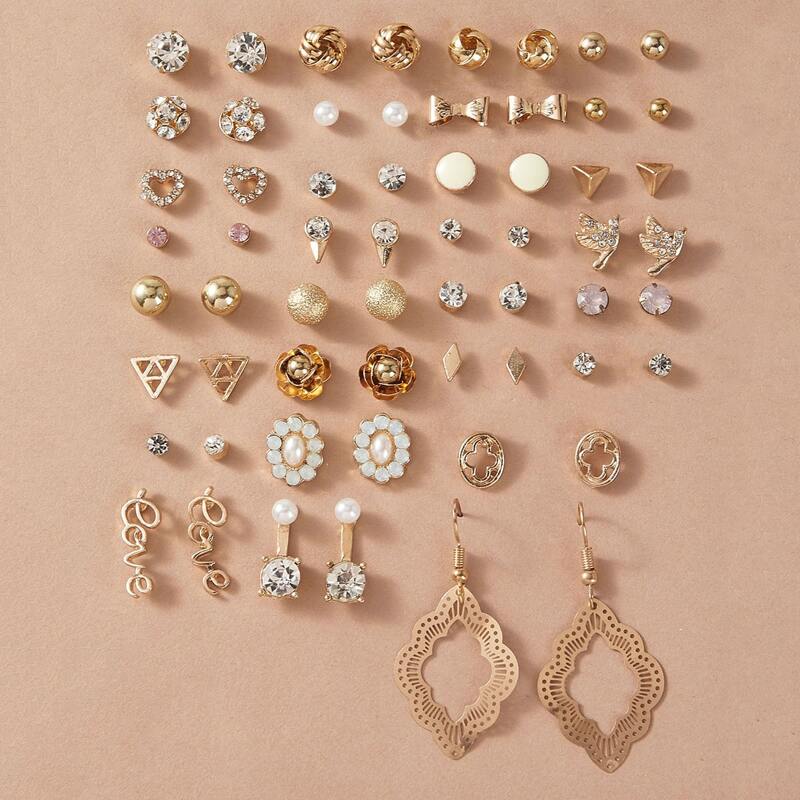 

30pairs Flower & Bow Knot Design Earrings, Gold