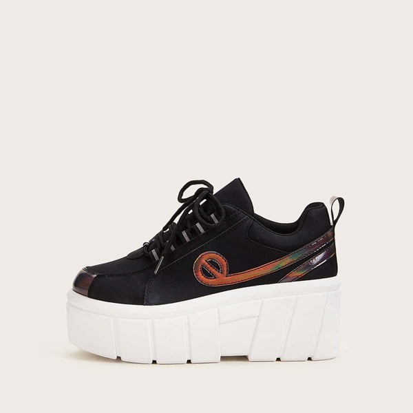 

Holographic Panel Lace-up Wedges Sneakers, Black