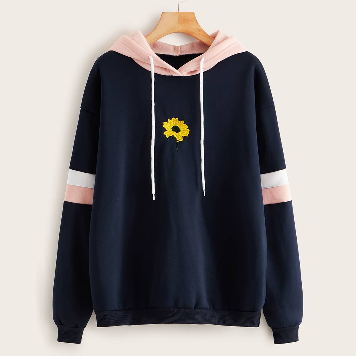 

Flower Embroidered Drop Shoulder Hoodie, Navy