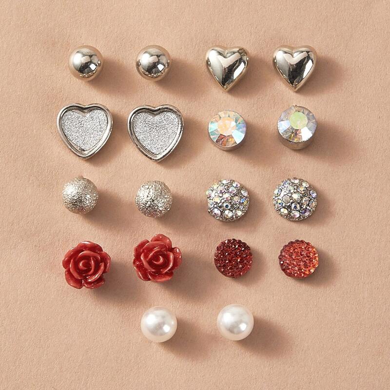 

9pairs Faux Pearl & Heart Design Stud Earrings, Multicolor