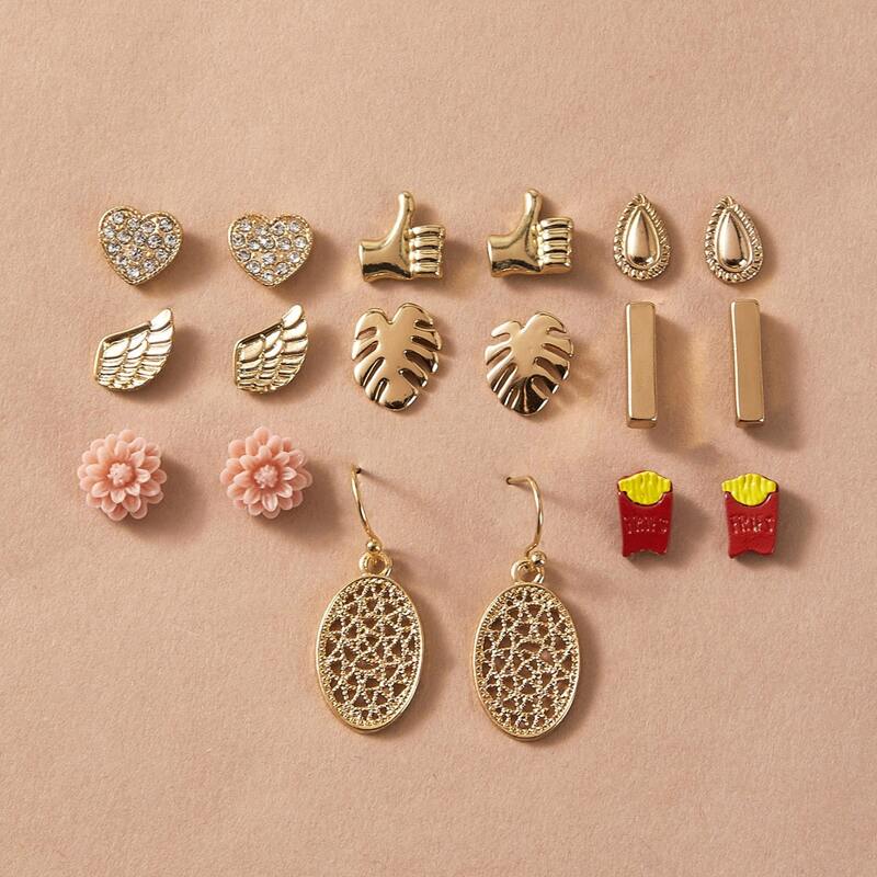 

9pairs Wing & Flower Design Stud Earrings Set, Gold