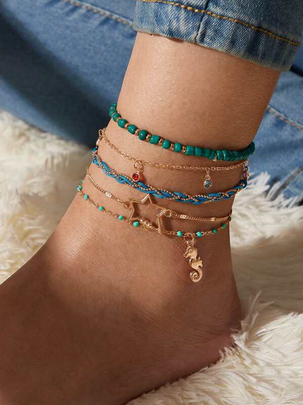 

5pcs Star Decor Beaded Anklet, Multicolor
