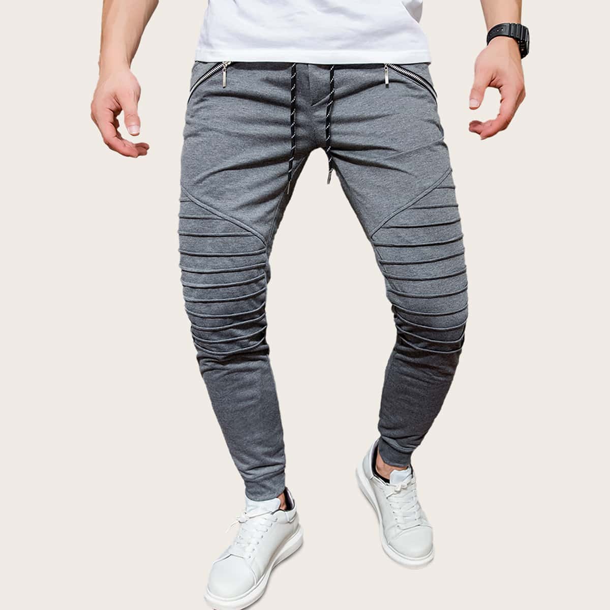 

Guys Zipper Decoration Drawstring Waist Sweatpants, Grey