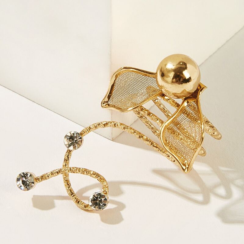 

1pc Rhinestone Ear Line Design Ring, Gold