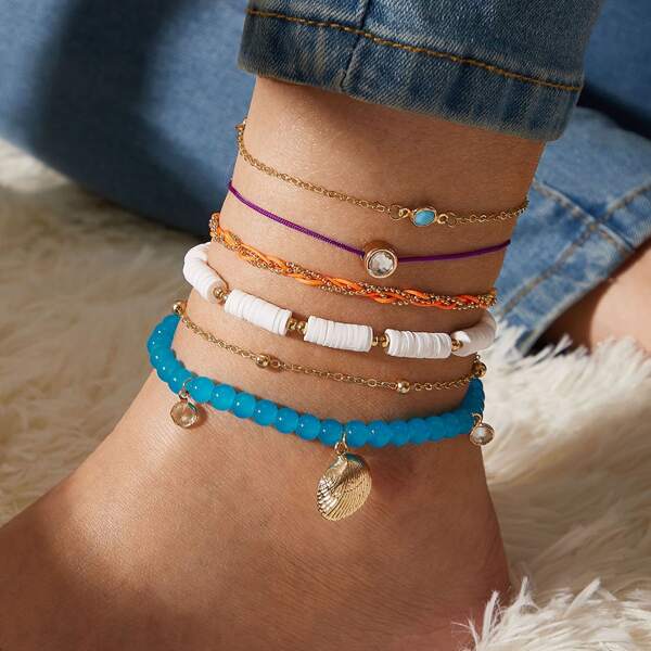 

6pcs Shell & Bead Decor Anklet Set, Multicolor