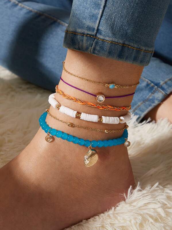 

6pcs Shell & Bead Decor Anklet Set, Multicolor