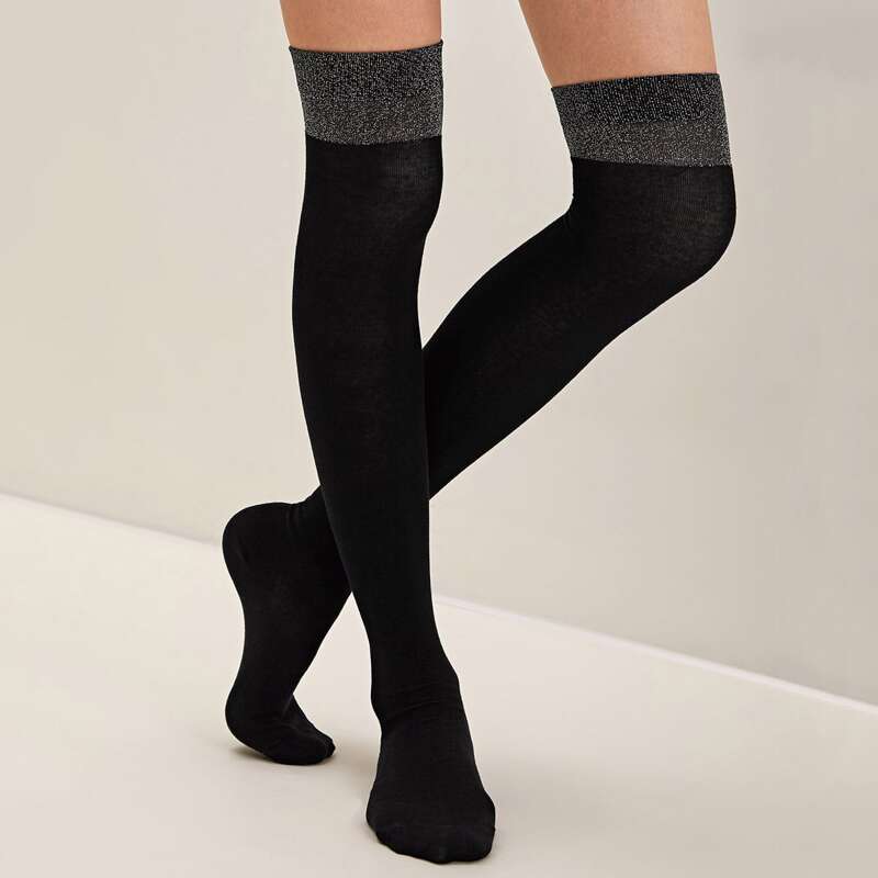 

1pair Silver Silk High Tube Socks, Black