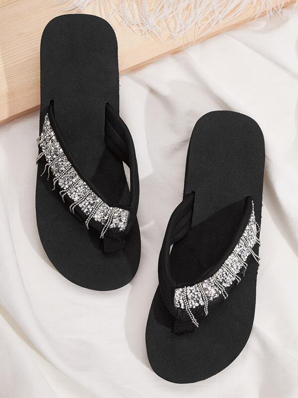 

Rhinestone Decor Flip Flops, Black