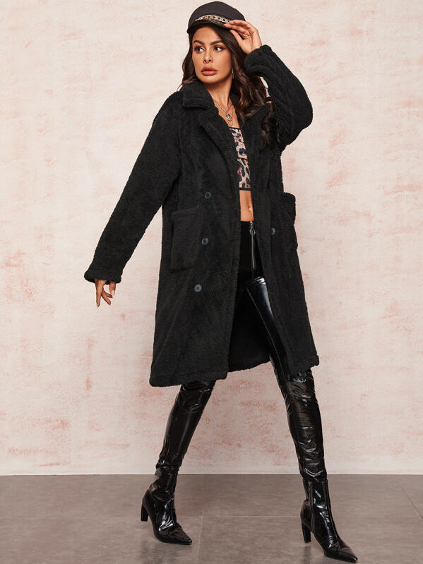 

Lapel Collar Double-Breasted Teddy Coat, Black, Andy