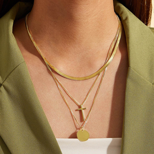 

1pc Cross & Disc Charm Layered Necklace, Gold