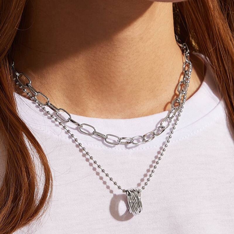 

1pc Ring Charm Layered Beaded Necklace, Silver