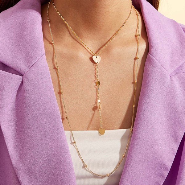

1pc Heart & Bead Charm Layered Necklace, Gold