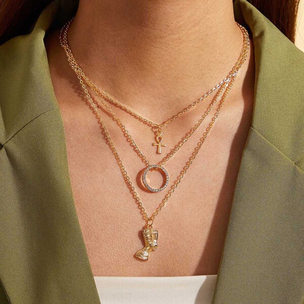 

1pc Cross & Ring Charm Layered Necklace, Gold