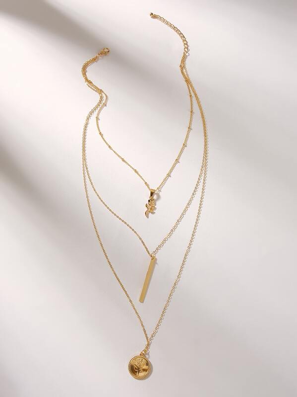 

1pc Rose & Bar Charm Layered Necklace, Gold
