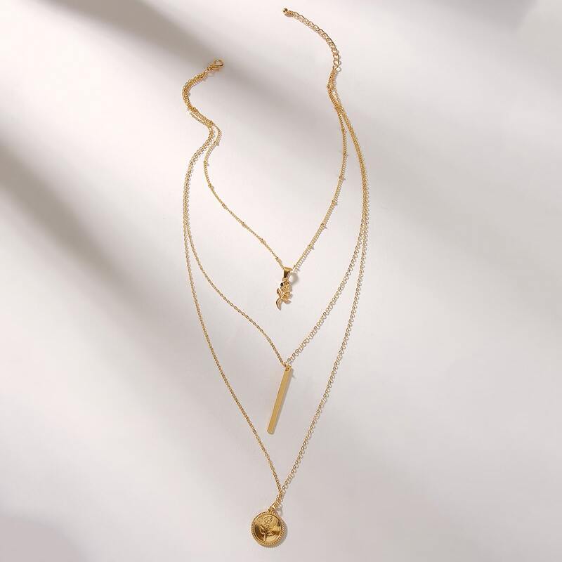

1pc Rose & Bar Charm Layered Necklace, Gold