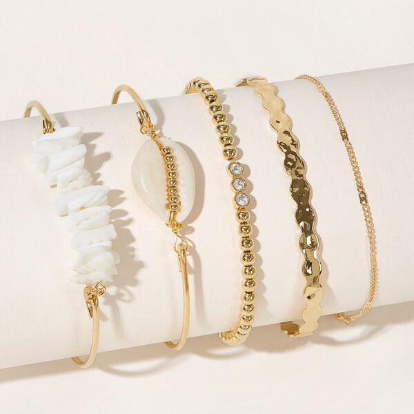 

5pcs Shell & Beaded Chain Bracelet, Gold