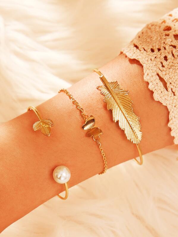 

3pcs Feather Shape Faux Pearl Decor Bracelet, Gold