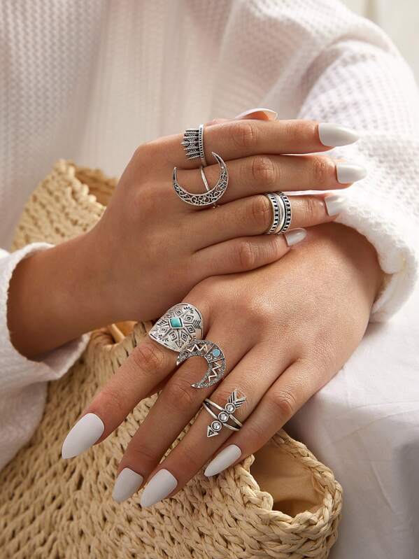 

6pcs Arrow & Moon Decor Ring, Silver