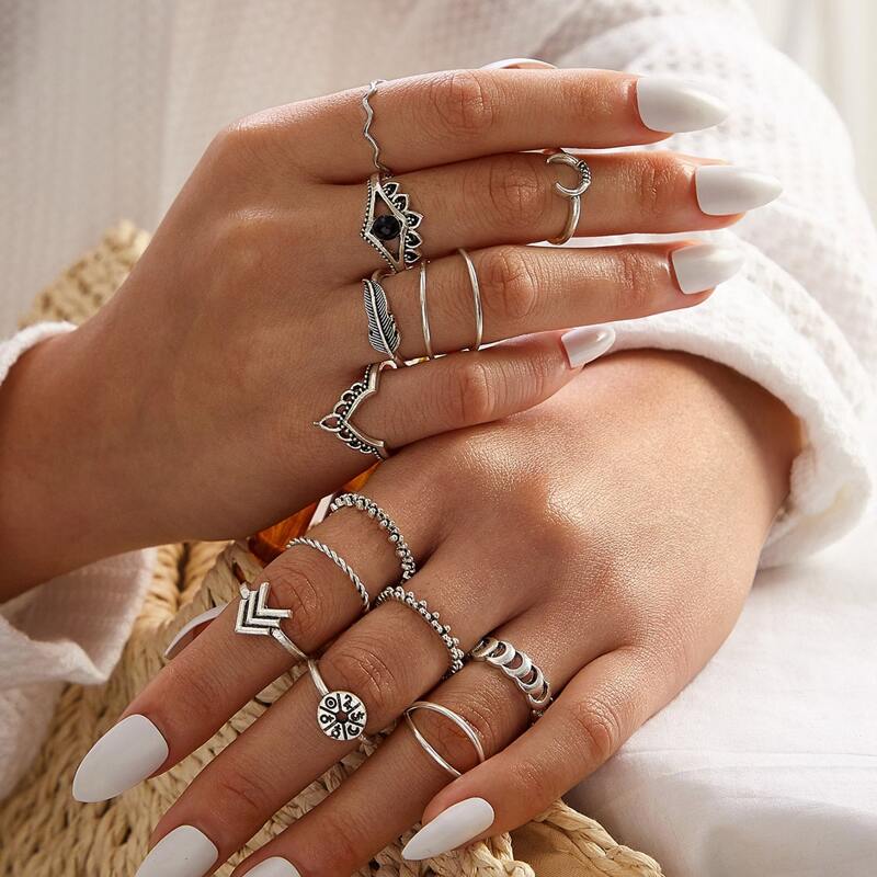 

14pcs Leaf & Eye Decor Ring, Silver