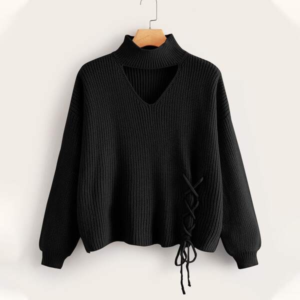 

Plus Lace Up Detail Choker Neck Sweater, Black