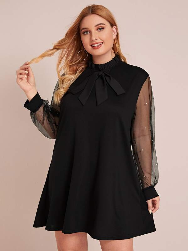 

Plus Tie Front Frill Trim Mesh Panel Tunic Dress, Black, Nora