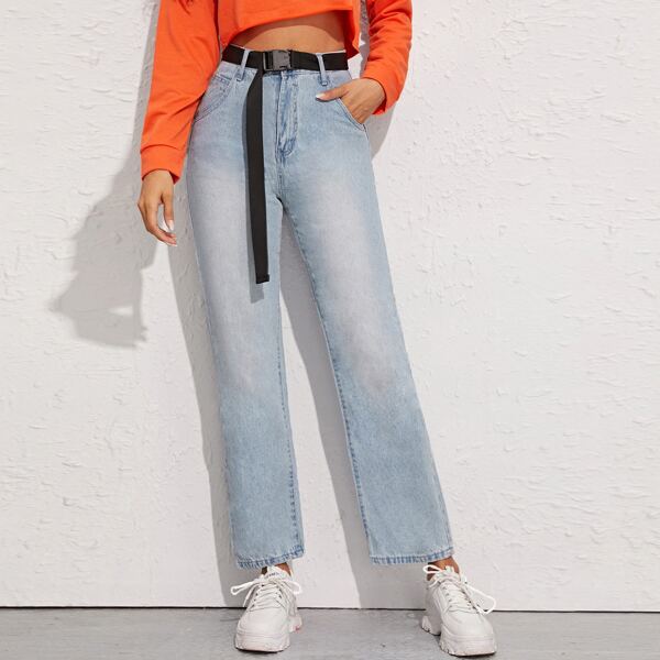 

Light Wash Belted Straight Leg Jeans, Blue pastel