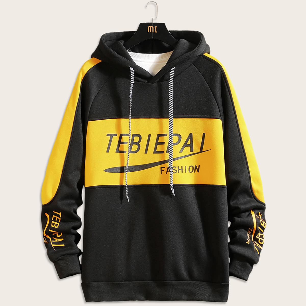 

Guys Contrast Panel Letter Graphic Drawstring Hoodie, Black