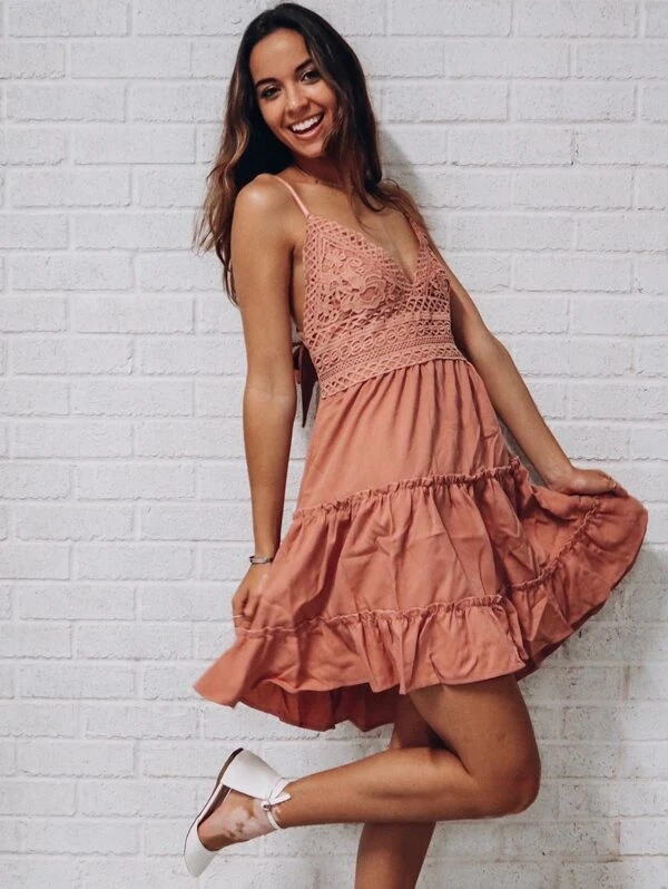 lace panel tiered seam cami dress