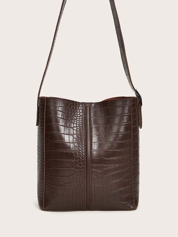 

2pcs Croc Embossed Bag With Clutch, Brown