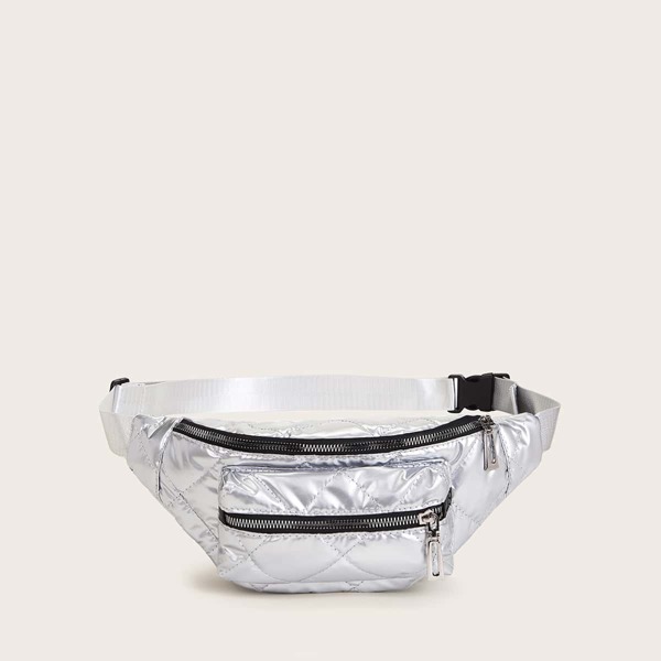 

Quilted Pocket Front Fanny Pack, Silver