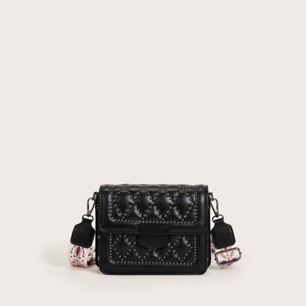 

Studded Decor Flap Crossbody Bag, Black