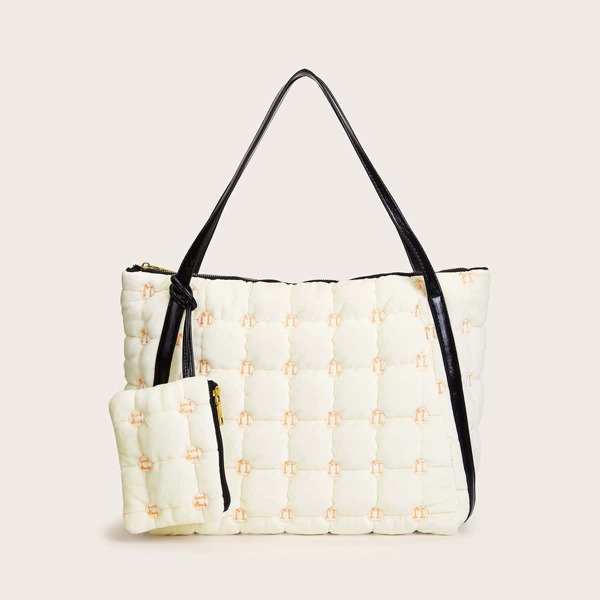 

Quilted Tote Bag With Wallet, Beige