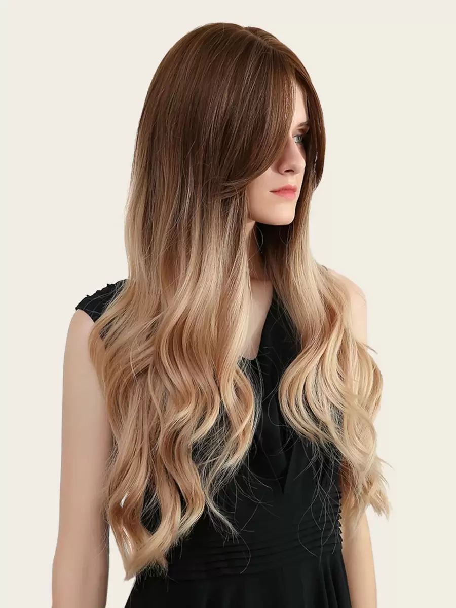 Natural Long Curly Wig With Middle Bang - Multicolor - View 1