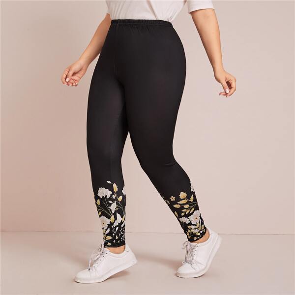 

Plus Floral Print Skinny Leggings, Black