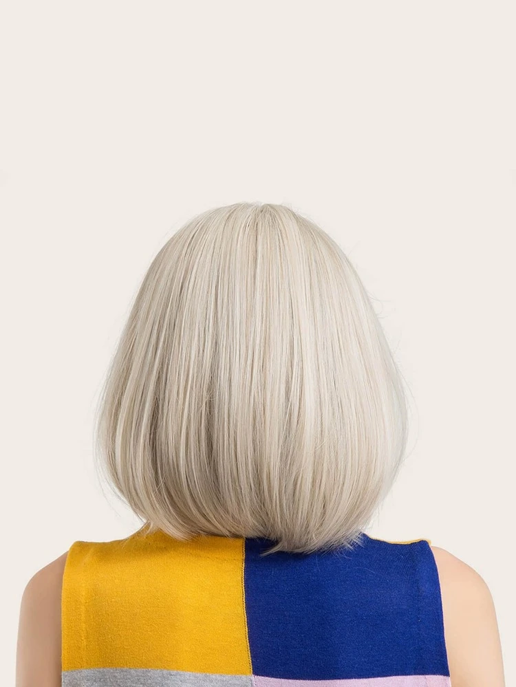 HAIRCUBE 14 Inch Black & White Short Straight Wig, Platinum Bobbed Wig, Cosplay Synthetic Wig With Bangs