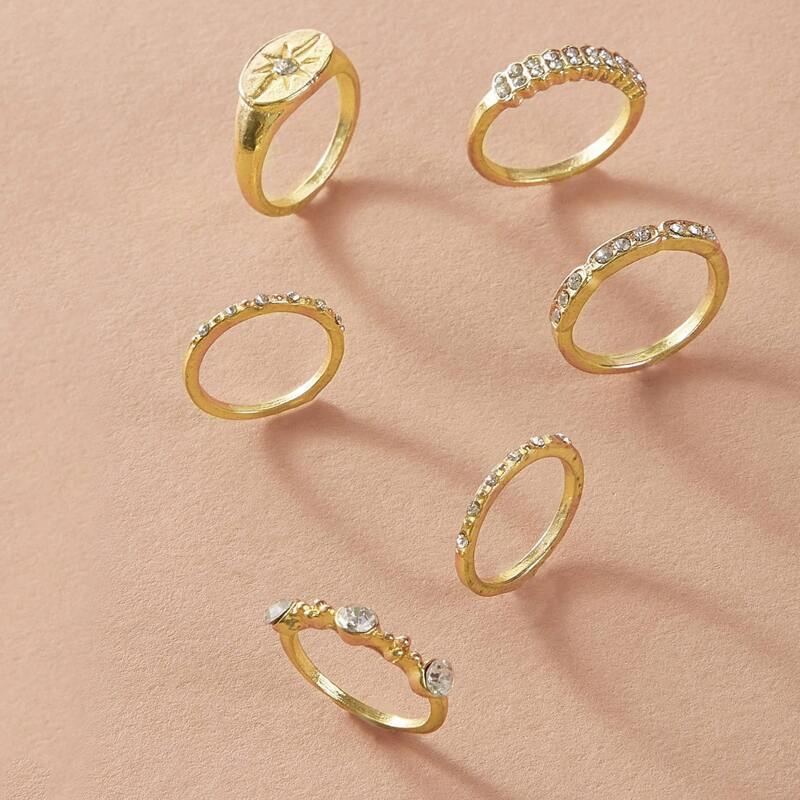 

6pcs Rhinestone Decor Ring, Gold