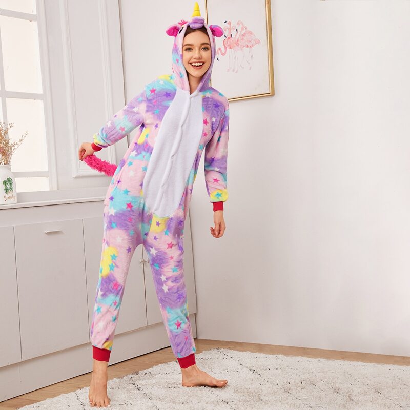 

Star Print Unicorn Shaped Hooded Onesie, Multicolor