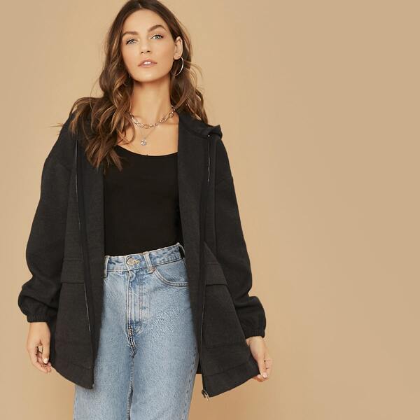 

Drop Shoulder Flap Pocket Zipper Up Hoodie Coat, Grey