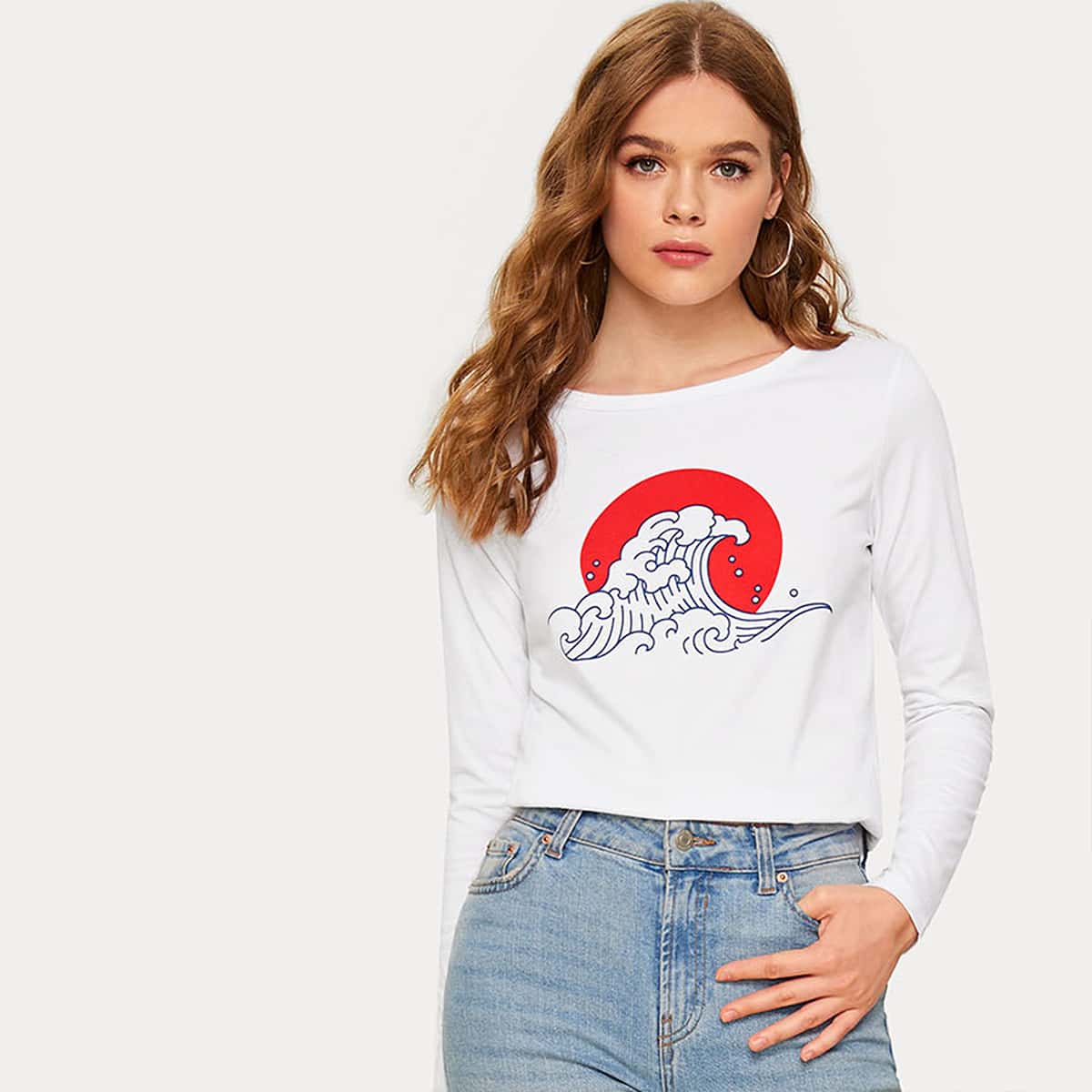 

Wave Print Round Neck Tee, White