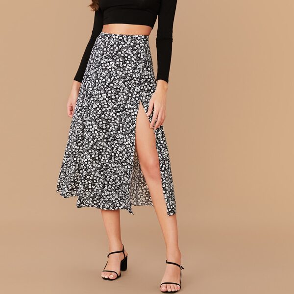 

Split Thigh Ditsy Floral Print Skirt, Black and white