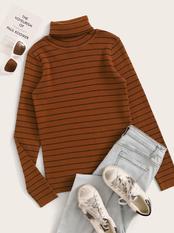 

Rolled Neck Striped Fitted Sweater, Brown