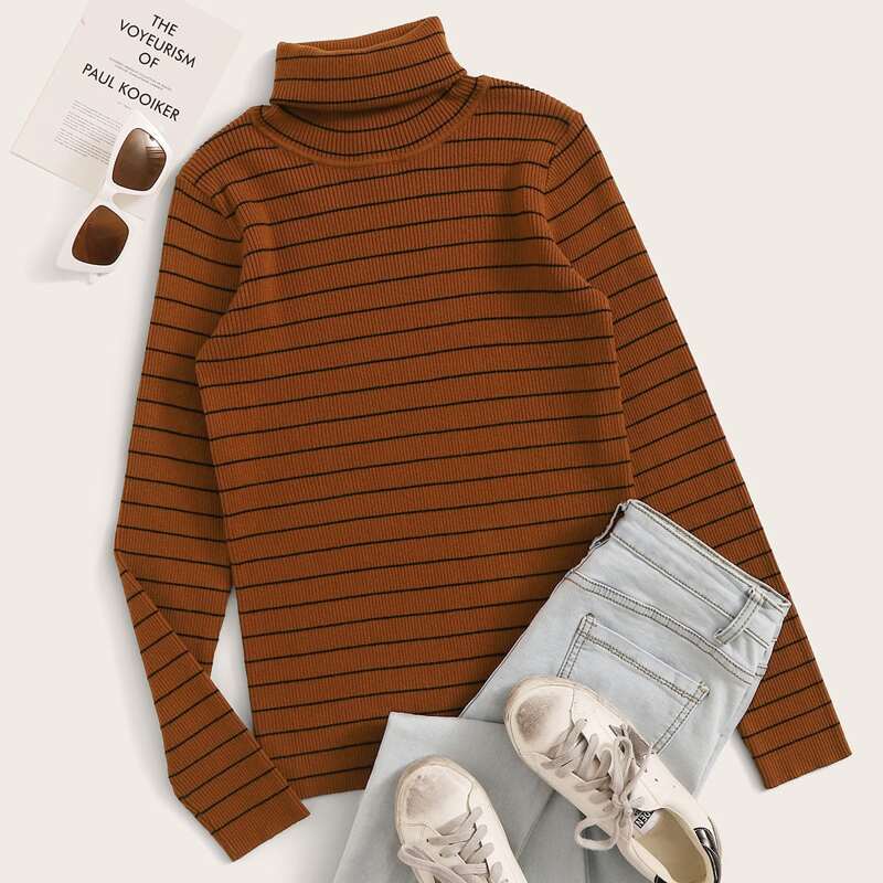 

Rolled Neck Striped Fitted Sweater, Brown