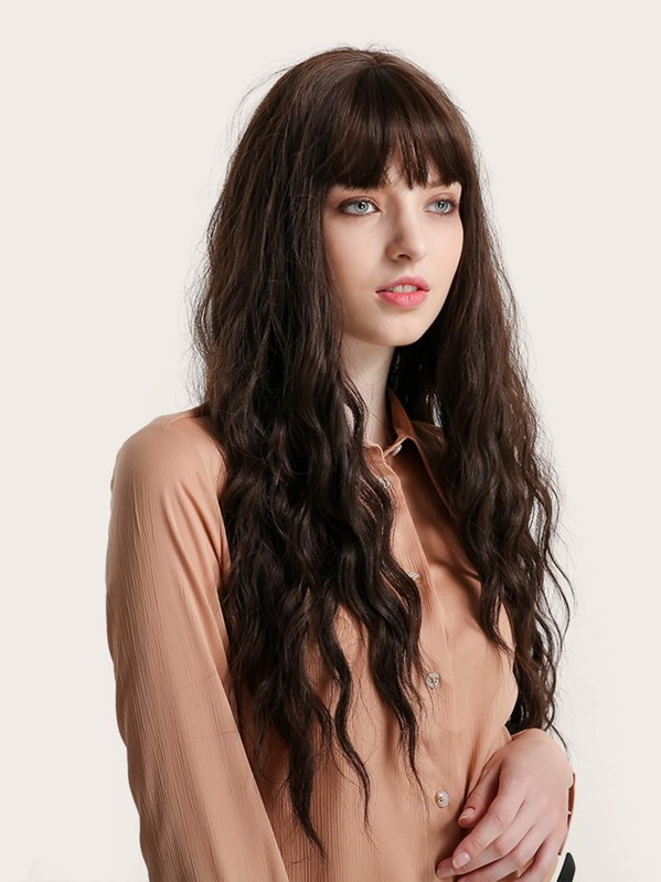 

Natural Long Curly Wig With Bang, Brown, EIMANTE-LA