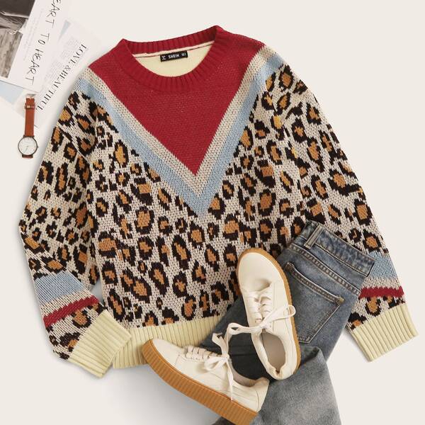 

Colorblock Chevron & Leopard Knit Sweater, Multicolor