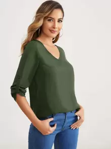 SHEIN Clasi Top escote V unicolor - Verde militar - Ver 5