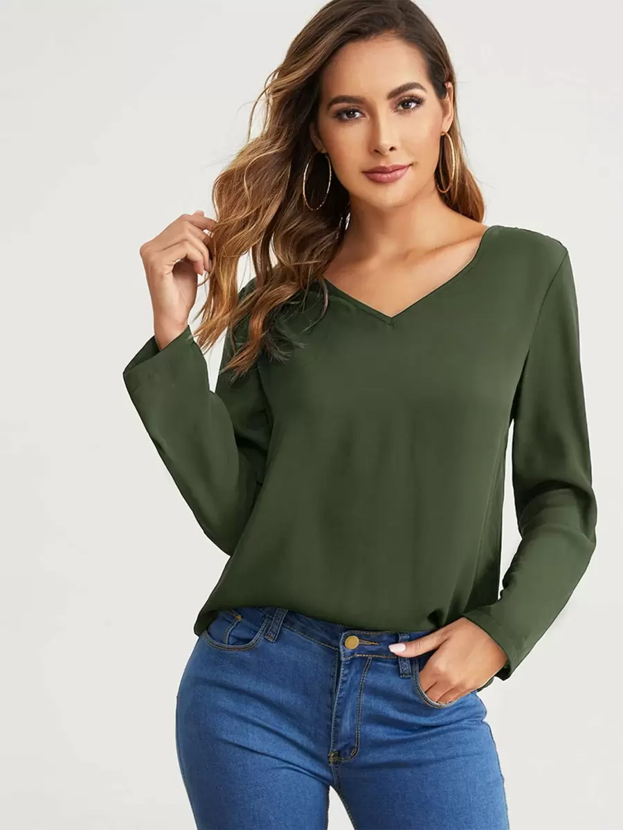 SHEIN Clasi Top escote V unicolor - Verde militar - Ver 1