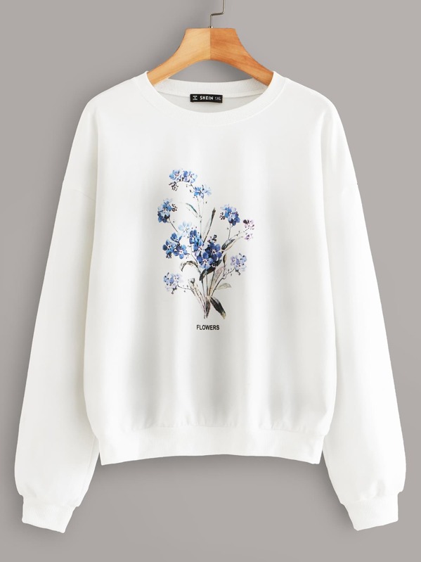 

Plus Drop Shoulder Floral Print Pullover, White
