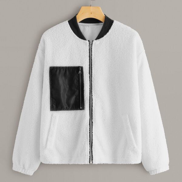 

Pocket Front Bomber Teddy Jacket, White