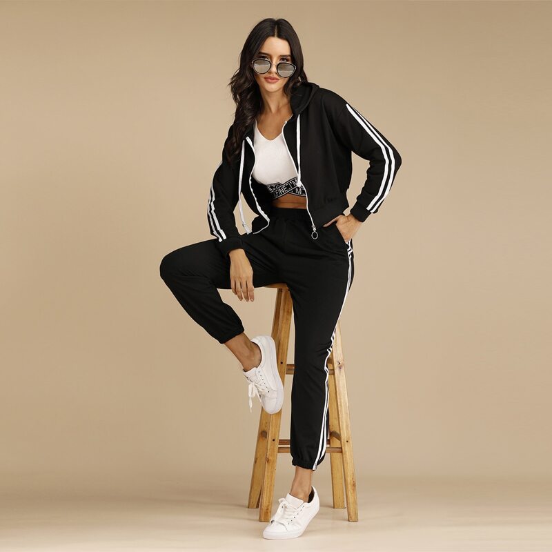 

Side Stripe Zip Up Hoodie With Sweatpants, Black