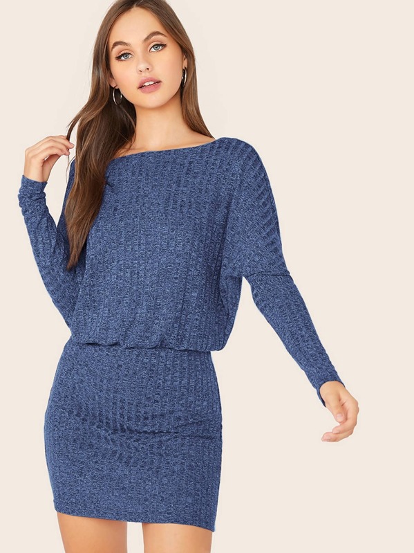 

Rib Knit Dolman Sleeve Blouson Dress, Blue, Lily Easton